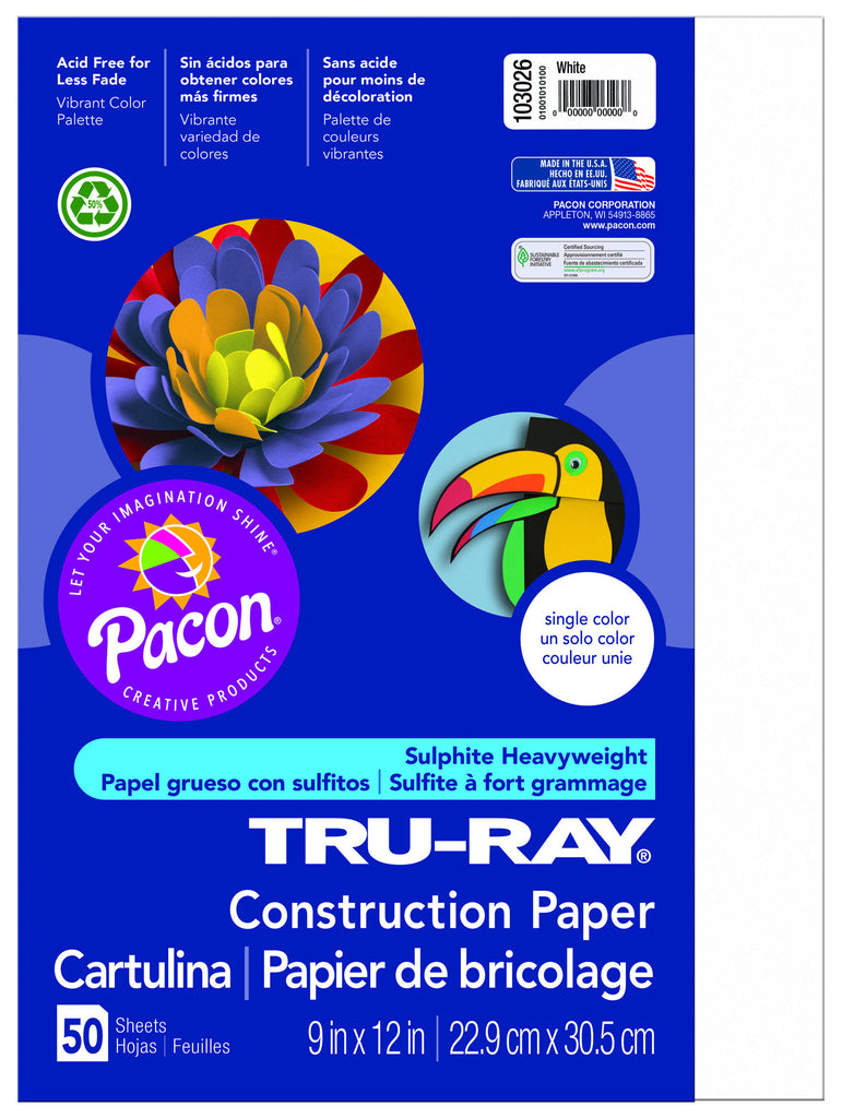 Pacon Tru-Ray Construction Paper, 76lb, 9 x 12, White, 50/Pack (103026)